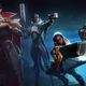 Four League of Legends characters pointing their guns toward the screen's right corner.